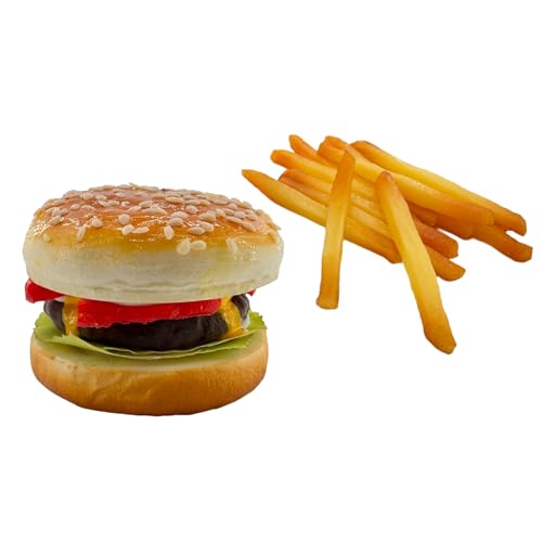 Artificial Hamburger & 12 Artificial French Fries Realistic Food Display Hamburger Model Photography Prop for Home Kitchen Shop Decorations