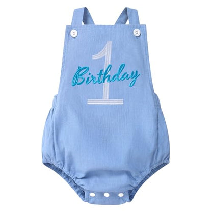 IMEKIS Baby Girls Boys Boho 1st Birthday Outfit Backless Overalls Romper for Cake Smash Photo Shoot - color: Light Blue 1 Birthday, size: 9-12 Months