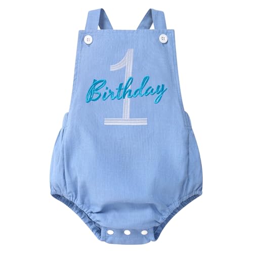 IMEKIS Baby Girls Boys Boho 1st Birthday Outfit Backless Overalls Romper for Cake Smash Photo Shoot - color: Light Blue 1 Birthday, size: 9-12 Months