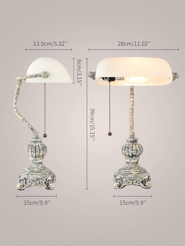 Retro White Matted Glass Bankers Desk Lamp for Home Office,Library with Pull Chain Switch Plug in Fixture, LED Bulb Included - color: Antique+White