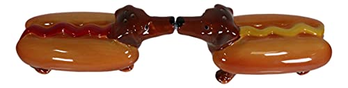 Ebros Kissing Hot Dog Sausage Wiener Dachshunds Couple In Ketchup And Mustard Salt Pepper Shakers Ceramic Magnetic Figurine Set 4.75"L