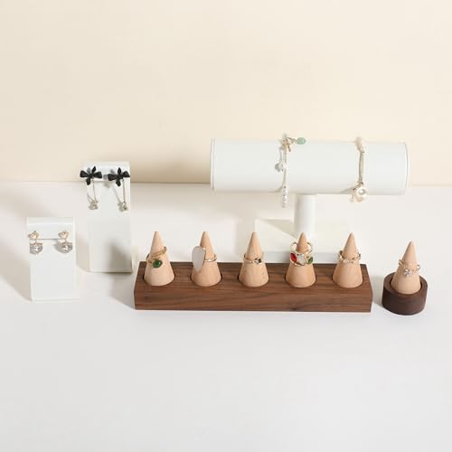 Wooden ring organizer holder for jewelry, Stable ring display stand for boutique store, walnut base with white ring cones for jewelry selling【Ring holder-Cone 5】 - style: Five Cone