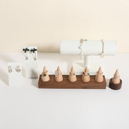 Wooden ring organizer holder for jewelry, Stable ring display stand for boutique store, walnut base with white ring cones for jewelry selling【Ring holder-Cone 5】 - style: Five Cone