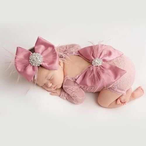 ForBaysy Newborn Photography Props Girls Outfit Feather Bow Lace Romper Newborn Dress - color: Dustpink