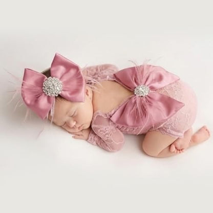 ForBaysy Newborn Photography Props Girls Outfit Feather Bow Lace Romper Newborn Dress - color: Dustpink
