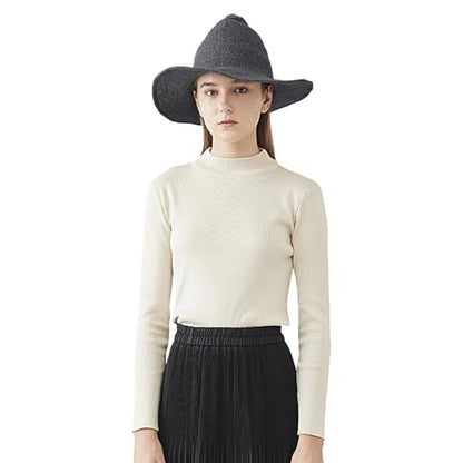 Halloween Witch Hat for Women Wide Brim Foldable Wizard Hat Wool Knit Pointed Cap Cosplay Costume Accessory - color: Dark Grey