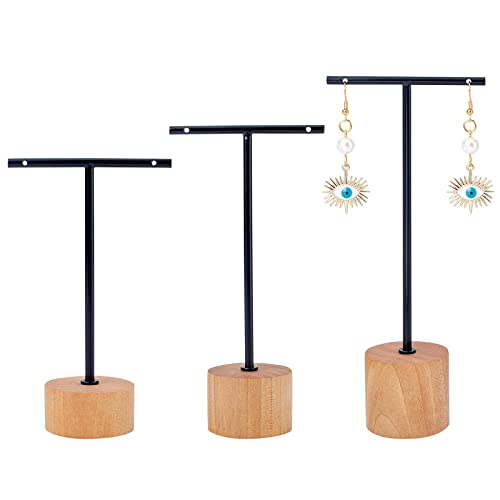 FINGERINSPIRE Black Metal 3 Pcs T Bar Earring Display Stand with Wooden Base Jewelry Holders Hanging Jewelry Organizer for Store Retail Photography Props【Black- Round Base, 5.7&4.9&3.9 Inch Height】 - color: Black- Round Base, 5.7&4.9&3.9 Inch Height
