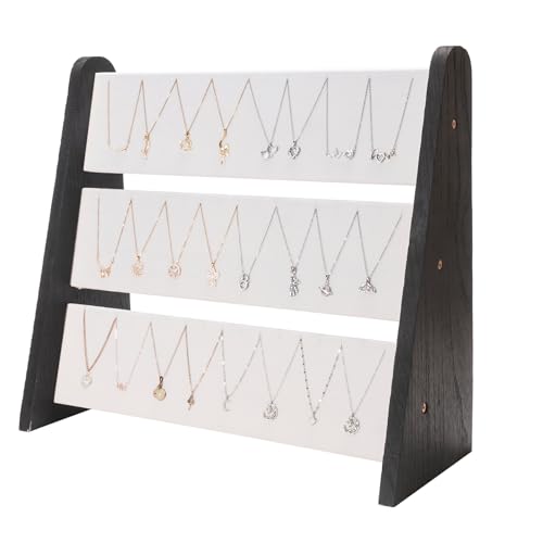 Necklace Holder 3 Tier Wood Necklace Organizer Stand with White Velvet, Necklace Display Stand for Selling, Chain Necklace Holder Rack for Show, 72 Necklaces Bracelets - style: Black Side Panels-White