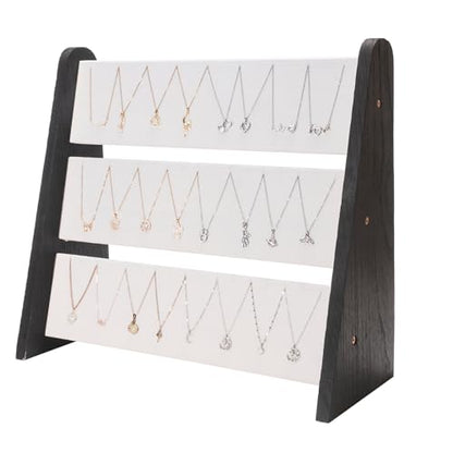 Necklace Holder 3 Tier Wood Necklace Organizer Stand with White Velvet, Necklace Display Stand for Selling, Chain Necklace Holder Rack for Show, 72 Necklaces Bracelets - style: Black Side Panels-White