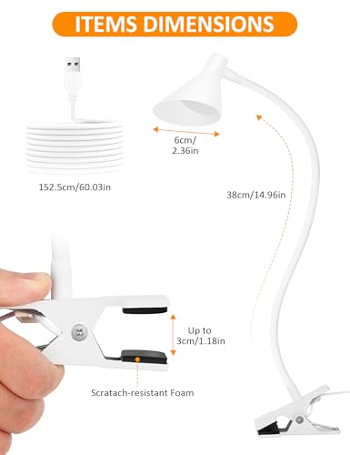 LiFMIRA Desk Lamp Clip on Light USB Reading Light 3 Color Modes 10 Dimmable Brightness Eye Care Clamp Desk Lamp Flexible Gooseneck Book Light for Reading in Bed and Desk - color: White