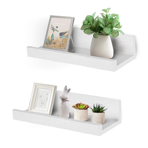 Muzilife 12" Small Floating Wall Ledge Shelves with Lip - Set of 2 Wood Floating Shelves - White Wall Mounted Picture Ledge for Office, Bathroom, Bedroom, Living Room, Kitchen - color: White, size: 12"