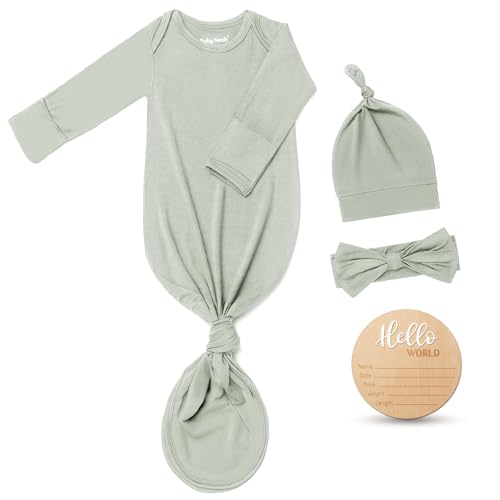 Hello World Newborn Outfit Knotted Gown 0-3 Months, Baby Girl Boy Coming Home Sleeper with Sign - color: Light Tea Green, size: Newborn
