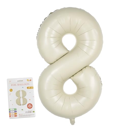 CARGEN 40 Inch Creamy White Number 8 Balloon, Large Beige Foil Mylar Digital 0-9 for Birthday Decorations, Boho Neutral Party Supplies, Wedding Anniversary Photo Props, Helium or Air Fill - style: Number 8