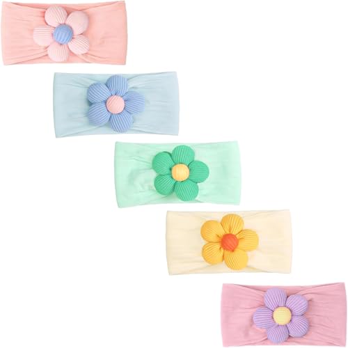 CÉLLOT 5 Pcs Baby Flower Headbands Baby Girls Nylon Headbands Soft Hairbands Hair Accessories for Newborn Infant Toddler Kids(Vibrant Color - color: Green + Purple + Pink + Sky Blue + Beige