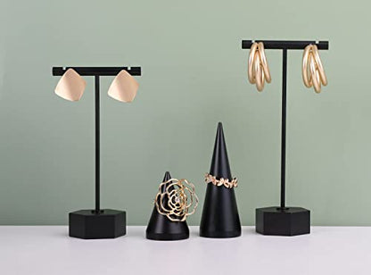 Black Metal 2pcs Earring Display T Stand for Show, T Bar Jewelry Holder Tree for Retail Photography 【Black-Hexagon Base 2pcs Height 4.5" and 5.3"】 - color: B1/Black Hexagon Base 2pcs Height 4.5" and 5.3"