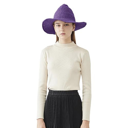 Halloween Witch Hat for Women Wide Brim Foldable Wizard Hat Wool Knit Pointed Cap Cosplay Costume Accessory - color: Purple
