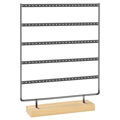 5 Tier 120 Hole Earring Holder Organizer, Rust Proof Metal and Wooden Base Jewelry Organizers and Storage for 60 Pairs of Earrings, Suitable for Home Storage and Sales Display - color: Black