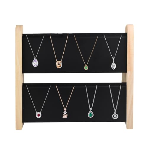 10.2'' x 10.7'' x 12.2'' Double-Deck Folding Wood Necklace Display Stand with Leather Mat Tabletop Jewelry Stand Storage (Black) - color: Black