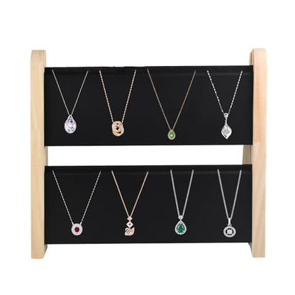 10.2'' x 10.7'' x 12.2'' Double-Deck Folding Wood Necklace Display Stand with Leather Mat Tabletop Jewelry Stand Storage (Black) - color: Black