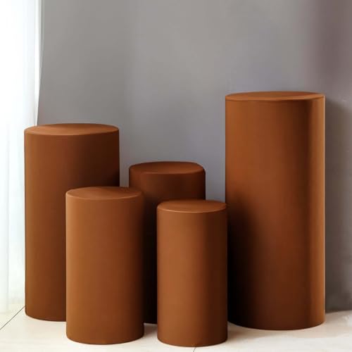 Efavormart Set of 5 | Cinnamon Brown Spandex Cylinder Plinth Display Box Stand Covers, Stretchable Pedestal Pillar Prop Covers - 160 GSM - color: Brown, size: Spandex Cylinder Covers