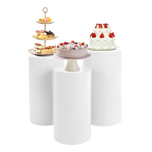 3 Pcs Cylinder Stands, Large White Cake Pedestal Tables(50cm, 55cm, 60cm), Round Reusable Dessert Display Plinth Pillars for Party Weddings or Banquets - size: 23.6''(l),21.6''(m),19.7''(s)