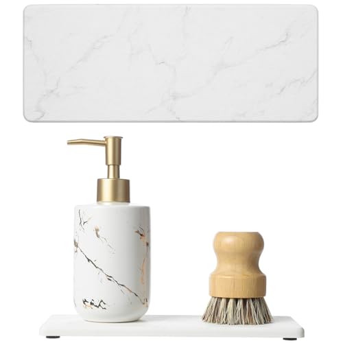 2PCS Water Absorbing Stone Drying Tray for Kitchen Counter & Bathroom Sink, Diatomite Faucet Splash Guard, Soap Dispenser Rack & Sponge Holder Caddy Organizer, Marble White (Printed Pattern), 9"x 3.5" - color: 2 Pack - Marble White, size: 9" X 3.5"