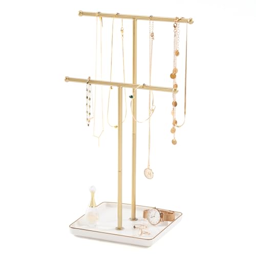 Lolalet Necklace Holder, Jewelry Display Stand with Ceramic Base Tray Jewelry Organizer Tree for Necklaces Bracelets Earrings Rings -White, 2 Tiers - color: White, size: 2 Tiers