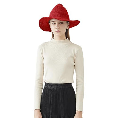 Halloween Witch Hat for Women Wide Brim Foldable Wizard Hat Wool Knit Pointed Cap Cosplay Costume Accessory - color: Red