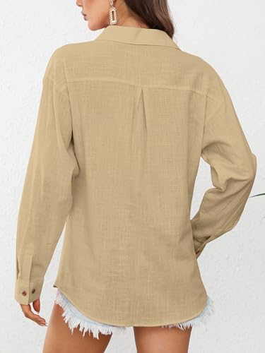CUNLIN Women's Button Down Shirts Long Sleeve Cotton Summer Beach Wear for Women with Pocket - color: 50086_khaki, size: Small