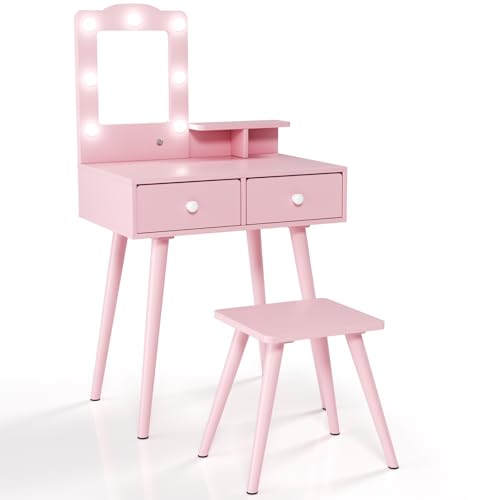 Arlopu Kids Vanity Set and Mirror, Wooden Pretend Play Vanity Table and Chair Set for Girls with Stool, Drawer, Princess Makeup Dress-Up Toy for Toddlers 3+Year Old (Pink) - color: Pink