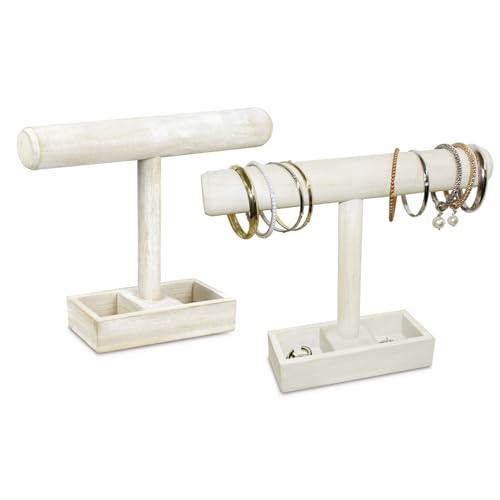 MOOCA 2 Pcs Set Lightweight Wooden Jewelry Display Stand, Bracelet Holder Display, Watch Stand, with 2- Compartment Storage Tray for Bracelets, Watches, and Accessories, Wash White Color - color: 8) Wash White, w/Tray-2pc