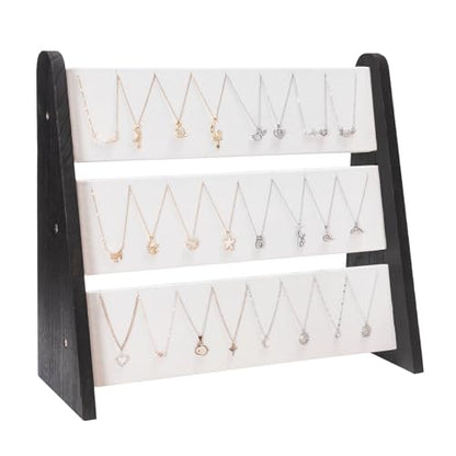 Necklace Holder 3 Tier Wood Necklace Organizer Stand with White Velvet, Necklace Display Stand for Selling, Chain Necklace Holder Rack for Show, 72 Necklaces Bracelets - style: Black Side Panels-White