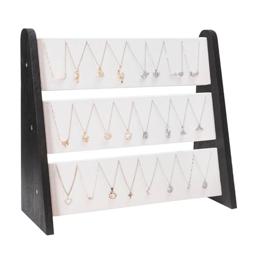 Necklace Holder 3 Tier Wood Necklace Organizer Stand with White Velvet, Necklace Display Stand for Selling, Chain Necklace Holder Rack for Show, 72 Necklaces Bracelets - style: Black Side Panels-White