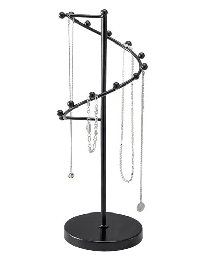 Lolalet Necklace Stand with 11 Hooks, Helix-shaped Jewelry Organizer Metal Rack Long Necklaces Hanging Display Holder Round Base Antique Jewelry Bracelets for Girls Women Wife -Black - color: Black