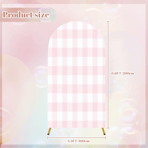 Wedding Arch Backdrop Cover 6.6FT Pink White Plaid Texture Seamless Fabric Checkered Gingham Spandex Fitted Arch Cover Round Top Stands Cover for Birthday Party Ceremony Banquet Decoration - size: 6.6x3.3 FT