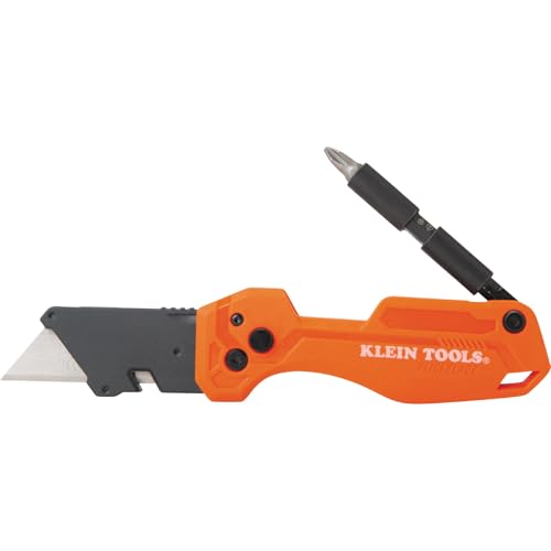 Klein Tools 44304 Folding FLICKBLADE Utility Knife, Compact, Removable Impact Driver, 1/4-Inch Nut Driver and #2 Phillips Bit - style: Flickblade w/ Driver