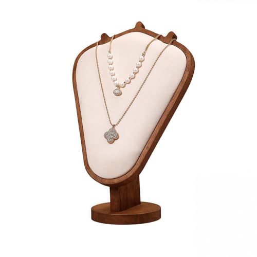 Walnut Color Body Wood Necklace Display Stand with Beige Flannelette Soft Mat Necklace Holder Organizer Desktop Stand for Home Store Dresser-4.45"x8.4"x12" - color: Walnut-Beige, size: 4.45"x8.4"x12"