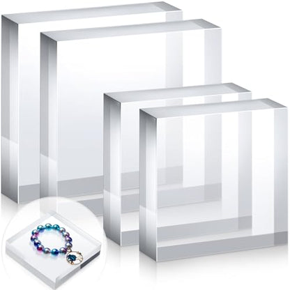 Vicenpal 4 Pieces Acrylic Square Display Block 3 x 3 x 1 Inches, 4 x 4 x 1 Inches Clear Polished Acrylic Cube Acrylic Jewelry Display Stand Ring Showcase Display Holder Base