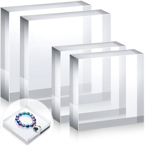 Vicenpal 4 Pieces Acrylic Square Display Block 3 x 3 x 1 Inches, 4 x 4 x 1 Inches Clear Polished Acrylic Cube Acrylic Jewelry Display Stand Ring Showcase Display Holder Base