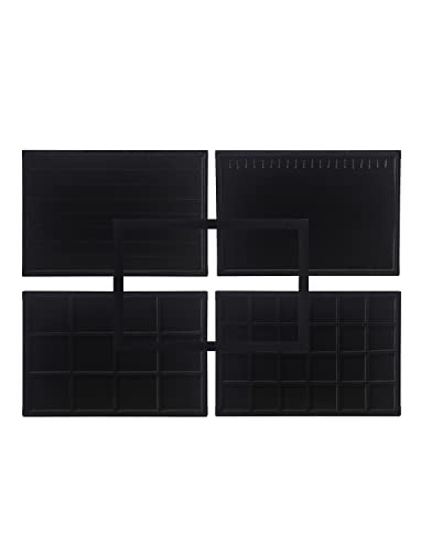 Coward Set of 5 Stackable Jewelry Organizer Tray Necklace Earring Box Storage Ring Bracelet Display Holder (Black(ring+necklace+earring+12grid)) - color: Black Velvet, size: Ring+Necklace+12Grids+24Grids+Lid
