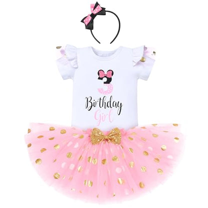 IBTOM CASTLE Cake Smash Half 1st 2nd 3rd Birthday Girl Princess Polka Dots Ruffle Skirt Set ONE Party Costume Headband - color: Pink-3rd, size: 3T