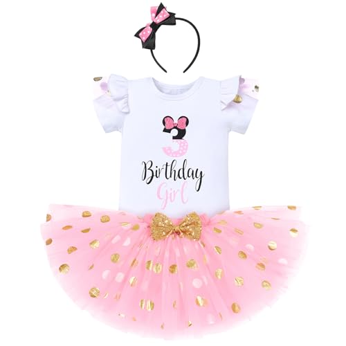 IBTOM CASTLE Cake Smash Half 1st 2nd 3rd Birthday Girl Princess Polka Dots Ruffle Skirt Set ONE Party Costume Headband - color: Pink-3rd, size: 3T