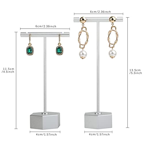 Metal 2pcs Earring T Stand Silver Retail Display Holder for Show, White T Bar Jewelry for Online Store Photography 【Silver-Hexagon Base 2pcs Height 4.5" and 5.3"】 - color: C1/Silver Hexagon Base 2pcs Height 4.5" and 5.3"
