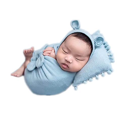 Newborn Baby Boy Girl Photography Props Bow Wrap, Posing Aid, Hat and Blanket Set of 4 Pcs - color: Light Blue