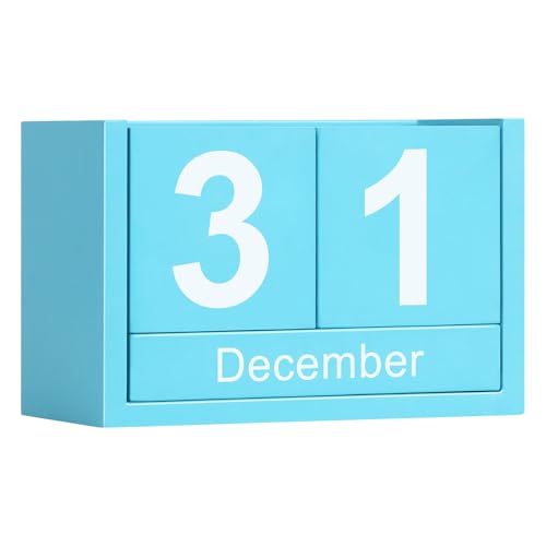 Wooden Block Calendar for Desk, Small Size Daily Desktop Perpetual Desk Calendar, Cute Date Display Desk Accessories for Home Office Decor, Teacher, Classroom, Reusable Yearly, Blue - color: Blue, size: Small Size
