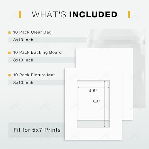 Golden State Art, Pack of 10 White 8x10 Picture Mats Mattes with White Core Bevel Cut for 5x7 Photo + Backing +Bags - color: White, size: 8x10 for 5x7 (10 Pack)