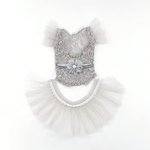 Newborn Photography Props Outfits Princess Baby Girl Pearl Lace Rompers Headdress Infant Baby Girl Photoshoot Costume - color: Gray