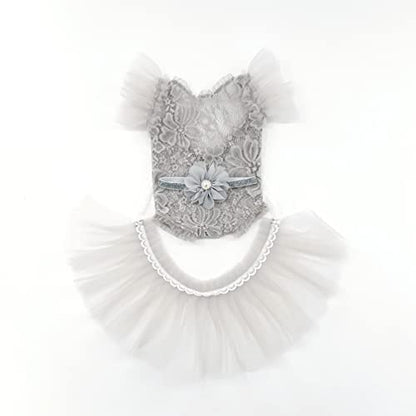 Newborn Photography Props Outfits Princess Baby Girl Pearl Lace Rompers Headdress Infant Baby Girl Photoshoot Costume - color: Gray