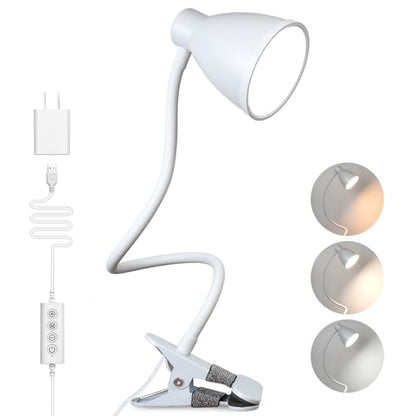 BOHON Clamp Lamp Reading Light 5 Color Modes 10 Brightness Dimmer Bedside Lamp 10W 38 LED Desk Lamp with Auto Off Timer 360° Flexible Gooseneck Clip on Light for Bed Office, Adapter Include, White - color: White