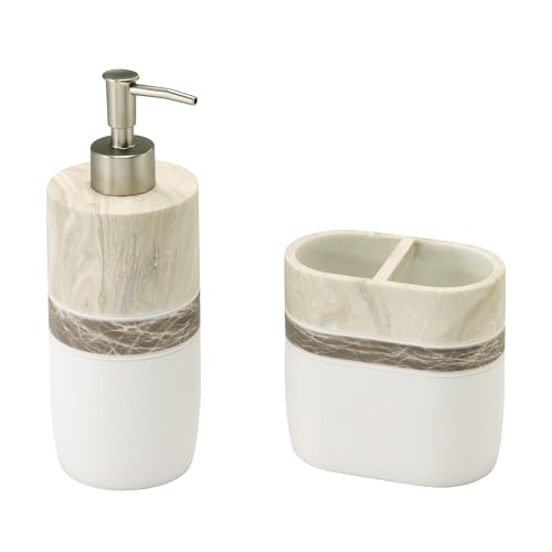 Izod – Bathroom Accessory Set, Toothbrush Holder and Lotion Dispenser, Hand-Painted Resin with Marble Detail, Modern Home Decor – Perfect for Organizing Bathroom Essentials (Tidal) - size: Toothbrush Holder & Lotion Pump